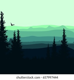 The landscape of forests and mountains. Vector illustration.
