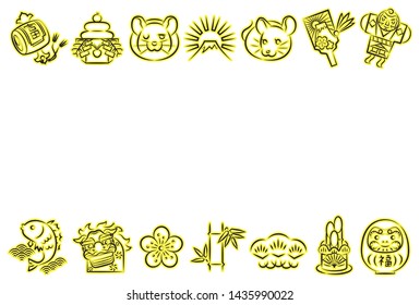 Landscape format frame of Brush-pencil style icon / new years card for Japanese zodiac - Rat, black plus yellow line which is surrounded