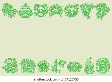 Landscape format frame of woodblock print style icon / new years card for Japanese zodiac - Rat , green stamp on khaki background