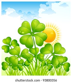 Landscape with four leaf clover, vector illustration for St. Patrick's day