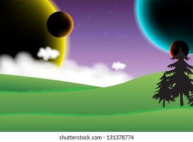 Landscape with four planets on the sky (Vector)