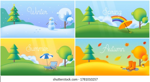 Landscape four seasons - winter, spring, summer, autumn with lawn and trees. Vector flat illustrations. Weather phenomena of all seasons - snow, snowman, rainbow, sunny, rain.