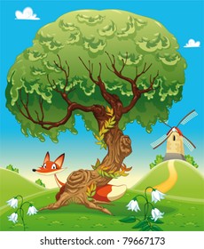 Landscape with fox behind the tree. Funny cartoon and vector illustration, isolated objects.