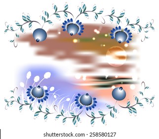 Landscape in the frame of blue flowers. EPS10 vector illustration.