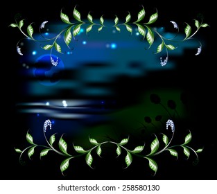 Landscape in the frame of branches with leaves. EPS10 vector illustration.