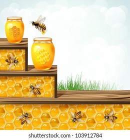 Landscape frame with glass jar bees and honeycombs