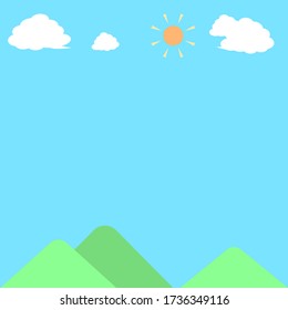 Landscape frame illustration, daytime: sky, sun, clouds, mountains