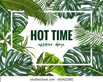 Landscape frame, realistic full color tropical leaves, hand drawn illustration