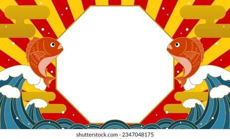 landscape frame template with sea ​​bream, big wave and sunrise