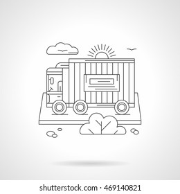 Landscape with freight car, bush and sun. A side view of auto truck with banner. Cargo transportation, delivery services symbol