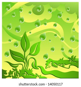 Landscape with fresh grass, plants and drops rain, illustration in green