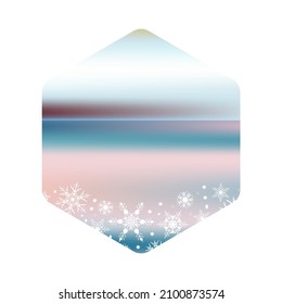 Landscape of Frozen Lake with snowflakes, hexagon Shape and Gradient. Element for background, postcards, discounts, your text or any Winter design. Vector illustration for social media, stories.