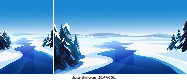 Landscape with frozen river. Winter scenery in different formats.