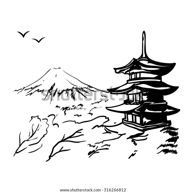 Landscape Fuji Mount Sakura Tree Japan Stock Vector (Royalty Free ...