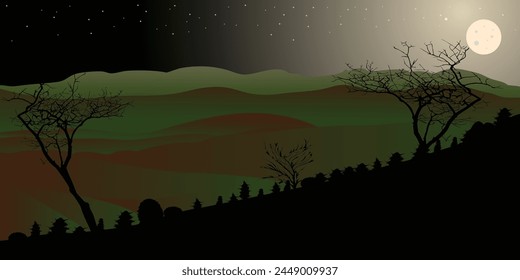 Landscape with full moon hills and tree silhouette; Nightime mountain view design