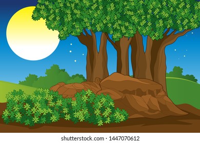 Landscape full moon with rock and trees