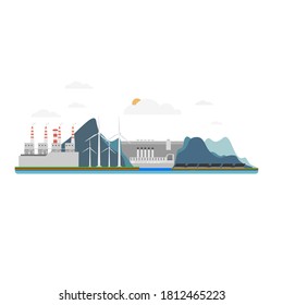 Landscape of Full power generation dams. The clean energy concept. 