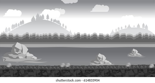 Landscape for game.Background for game. Black and white background.cartoon landscape