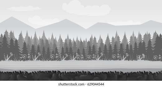 Landscape for game.Background for game. Black and white background.cartoon landscape