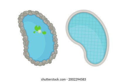 Landscape and Garden Design Elements with Pool or Pond with Blue Water Above View Vector Set