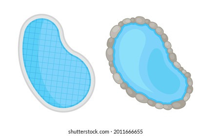 Landscape and Garden Design Elements with Pool or Pond with Blue Water Above View Vector Set