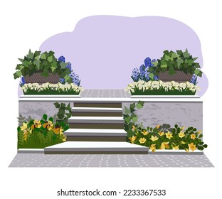 Landscape garden design. Garden flower beds with blooming cascading flowers, fern, flower pots, stairs. Vector illustration