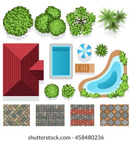 Landscape garden design vector elements for structure plan. Architectural landscape design illustration with green plants, house and swimming pool top view