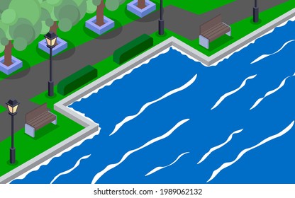 landscape of garden on the beach in isometric style