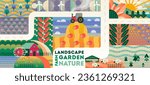 Landscape and garden poster. Farm, agriculture and village concept. Horizontal banner household with water mill and barn, sheep and tractor, wheat field and plants. Cartoon flat vector illustration