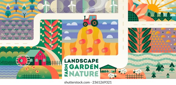 Landscape and garden poster. Farm, agriculture and village concept. Horizontal banner household with water mill and barn, sheep and tractor, wheat field and plants. Cartoon flat vector illustration