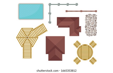 Landschaftsgärten und Design-Elemente mit Kieselsteinen und Vektorillustration des Holzgartens