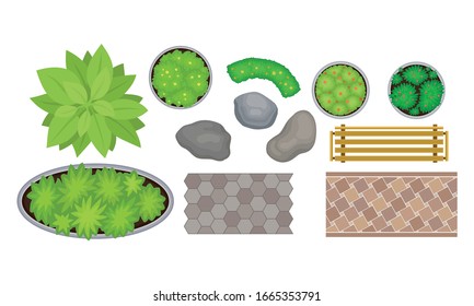 Landscape Gardening Elements with Bushes and Wooden Bench Top View Vector Set