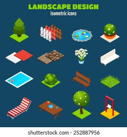 Landscape gardening outdoors design isometric icons set isolated vector illustration