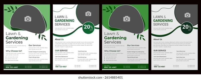 Landscape Gardening Services Lawn Care Flyer Template with Green and Yellow Accents Garden Service Poster Layout with Leaf Illustrations