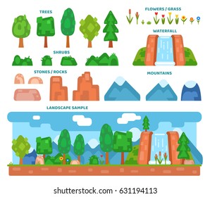 Landscape generator, set of various summer or spring scene elements. Game level design elements. Create your own landscape. Flat design vector illustration