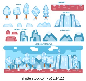 Landscape generator, set of various winter scene elements. Game level design elements. Create your own landscape. Simple vector illustration