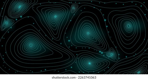 Landscape geodesy topography map background. Green neon illuminated circular topographic lines on black background. Line texture pattern. Science background. Wallpaper. Vector