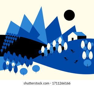 Landscape Geometric art with mountains, houses, trees, skiers
