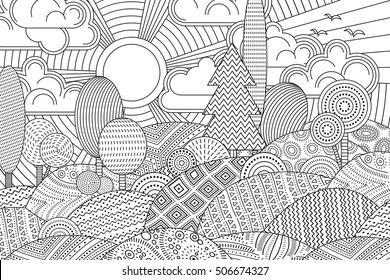 Landscape of geometric elements with linear fill. Anti stress coloring.