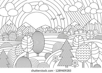 Landscape of geometric elements with lines. Anti stress coloring.
Tribal retro doodle vector illustration. Sunset, clouds, mountains, hills, trees.