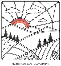  Landscape of geometric elements with lines. Anti stress coloring. Tribal retro doodle vector illustration. Sunset, clouds, mountains, hills, trees.
