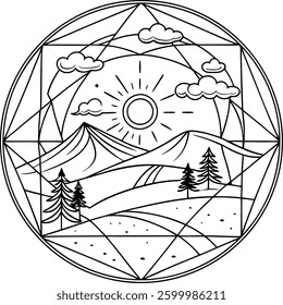  Landscape of geometric elements with lines. Anti stress coloring. Tribal retro doodle vector illustration. Sunset, clouds, mountains, hills, trees.