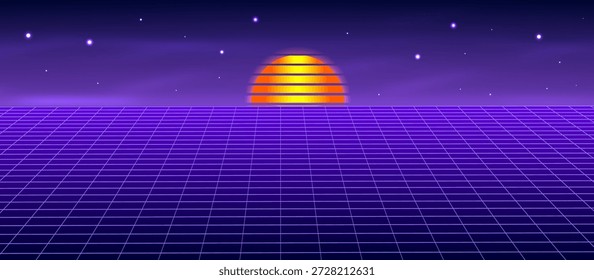 Landschaft mit geometrischem Raster und Sonne. Abstraktes 3D-Modell im Cyberspace. Vektorgrafik.