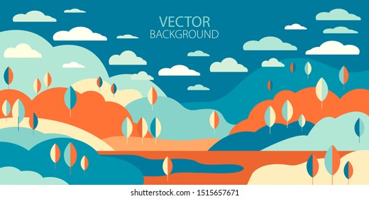 Landscape in geometric minimalist flat style. Autumn background with trees, hills, clouds, lake in vector. Abstract horizontal banner with empty space for text. Panorama landscape. 