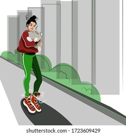 Landscape with girl and bicycle. Vector flat illustration