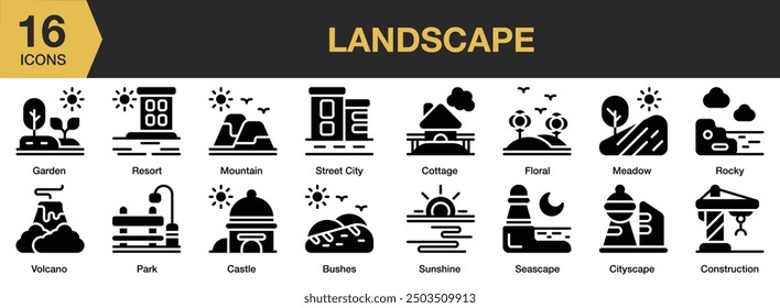 Landscape Glyph icon set. Includes bushes, cityscape, meadow, mountain, resort, and More. Solid icons vector collection.