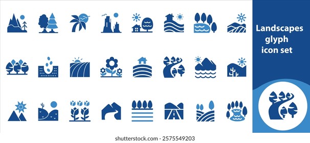 Landscape glyph icon set, stem, landscape, image, growth, silhouette, plant, environment, outdoor, trunk, tree, nature, natural, set, green, wood, vector, ecology, branch, forest, cone and more.