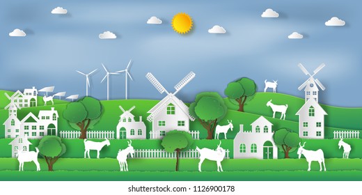 landscape of goat farm and relax in the morning city on summer, fresh air in the park as nature, living , paper art and craft style concept. vector illustration