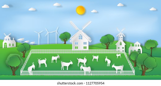 landscape of goat farm and relax in the morning city on summer, fresh air in the park as nature, living , paper art and craft style concept. vector illustration