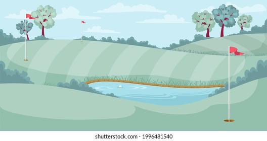 Landscape of the golf course. Green field, lake and hills of golf club with flag and hole. Fairway, bunker and water hazard. Colourful vector illustration. Cartoon style 